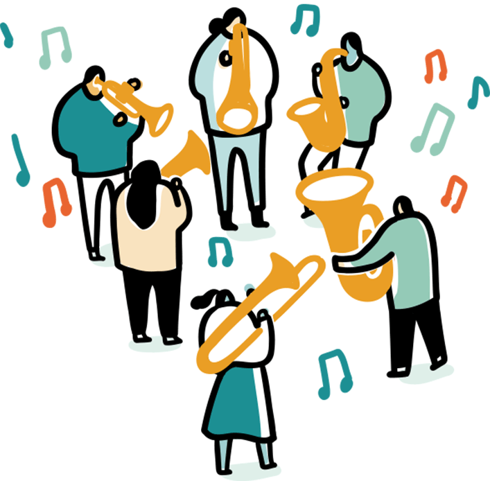 a moving illustration of a band with musical istruments, with little musical notes emminating from their instruments