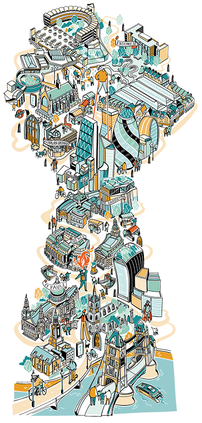 an illustration of keyhole, through which we see an intricate map of the City of London